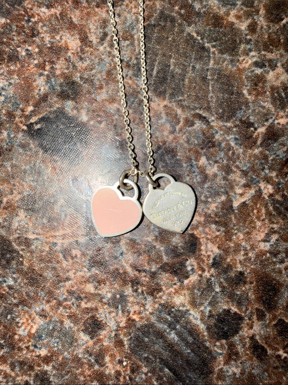 Tiffany & Co. Pink Enamel and Sterling Silver Double Heart Necklace